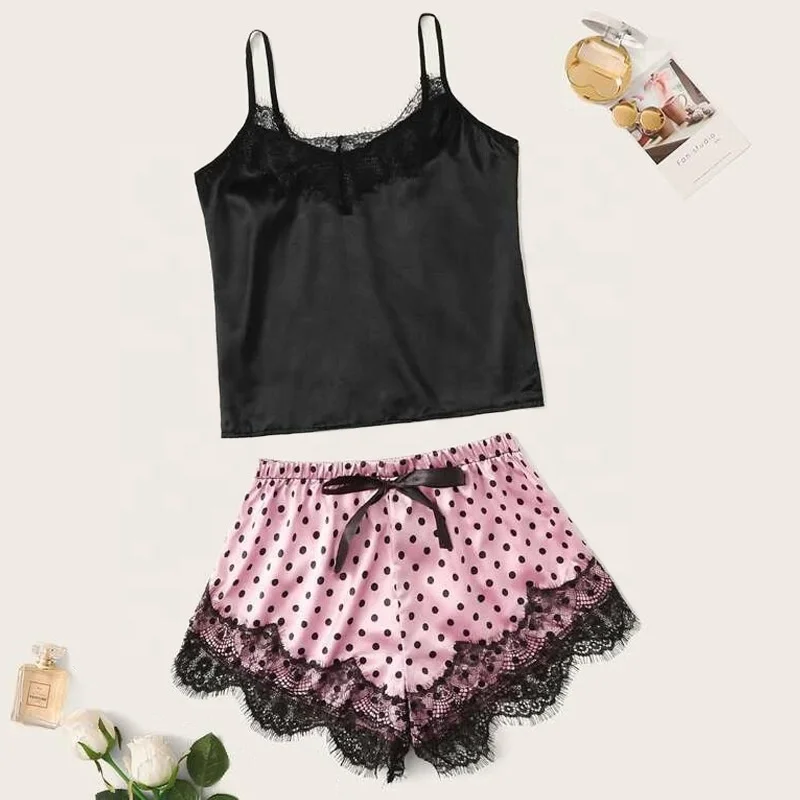 

Sexy Lady Lace Satin Sun Top Printed Shorts Suit Two-pieces Pajamas Women Sleepwear, Black