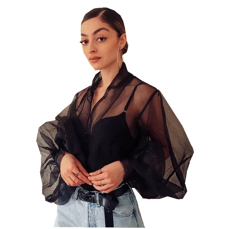 

Lantern Sleeve Shirt Puff Sleeve Transparent Mesh Top Women's T-shirt Button Cardigan Transparent Top, 3 colors