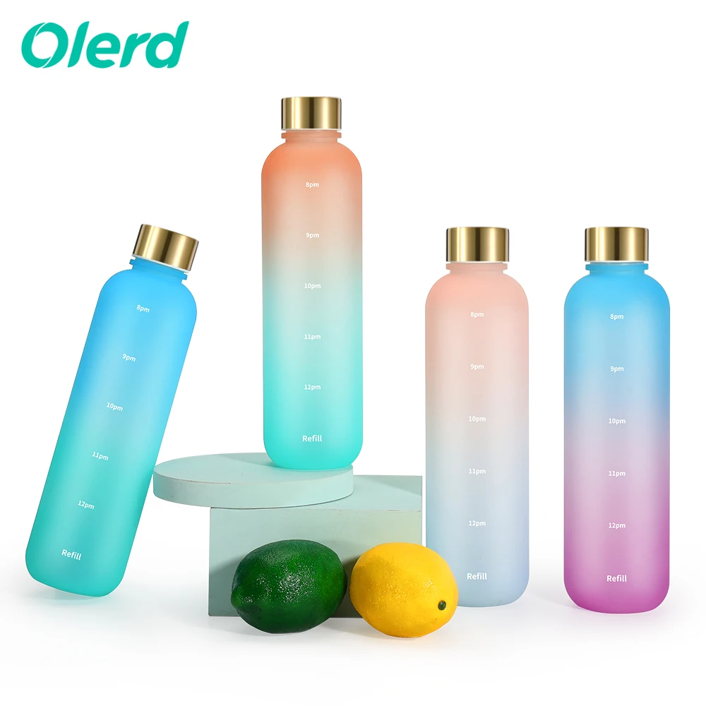 

OLERD Workout Sport Custom Logo Insulated Straw Strainer Tritan 1L Plastic Motivational Water Bottles with Time Marker