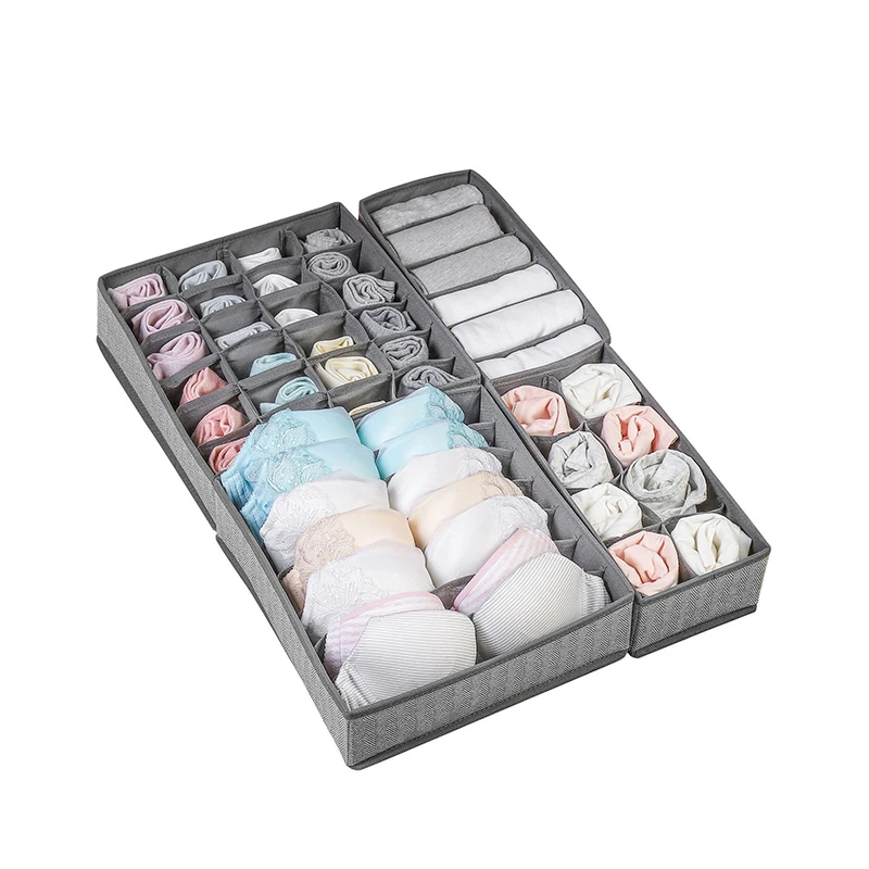 

4-piece non-woven multi-compartment non-lid bra and socks organizer box Foldable underwear storage box, Grey
