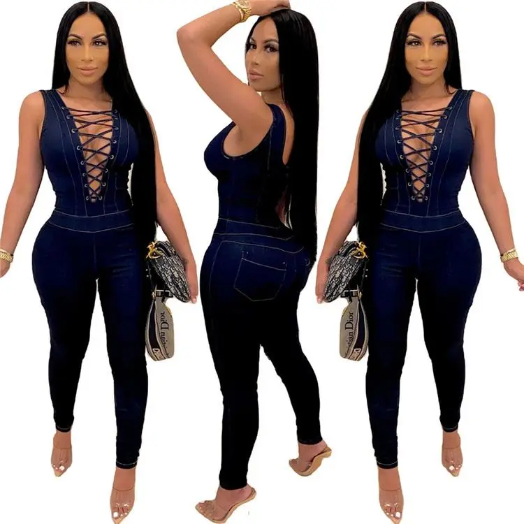 

MD-20021908 Best Seller 2021 Pockets V Neck Ladies Sexy Hollow Out Bandage Sleeveless Bodycon Denim Jumpsuit Lady Romper