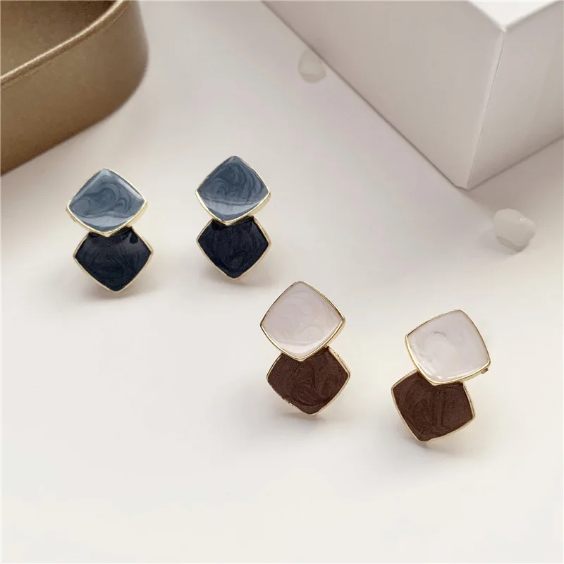 

JuHu Korean Temperament Simple Stitching Contrast Color Sweet Girl Silver Earrings, S925 silver needle a114 blue, s925 silver needle a115 brown