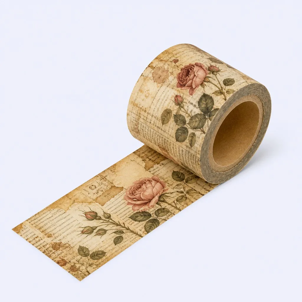 Vintage washi tape unrolled — aged rose manuscript pattern