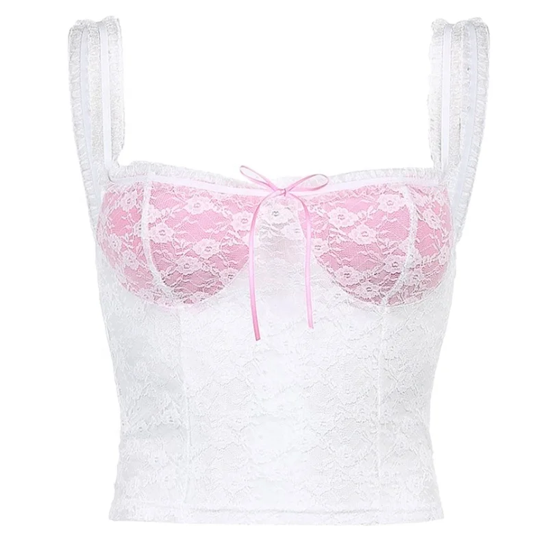 

Fashion Floral Lace Mesh Crop Tank Top Bowknot Camisole Beach Party Club Sleeveless Garment Vest Tank Top women