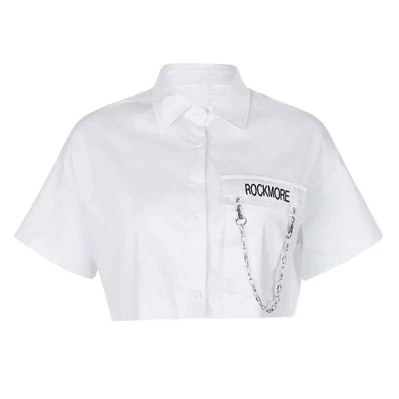 

Summer Chain Pocket Work White Shirt Women's Short Loose Letter Embroidered Ripper Short-sleeved Shirt