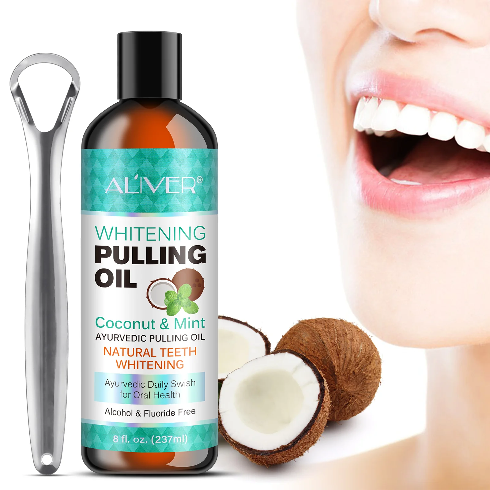 

ALIVER Organic Mouthwash Private Label Teeth Whitening Coconut Mint Pulling Oil With Tongue Scraper For Oral Health