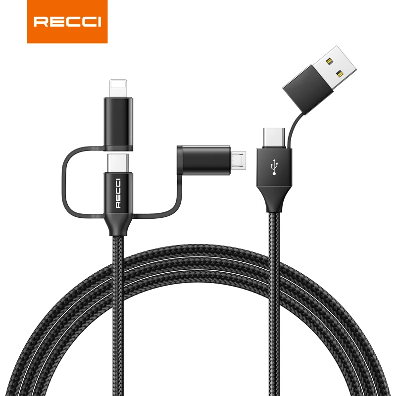 

Recci New Arrival multi function nylon braided 3A fast charging 6 in 1 USB cable for iPhone Android type c, White