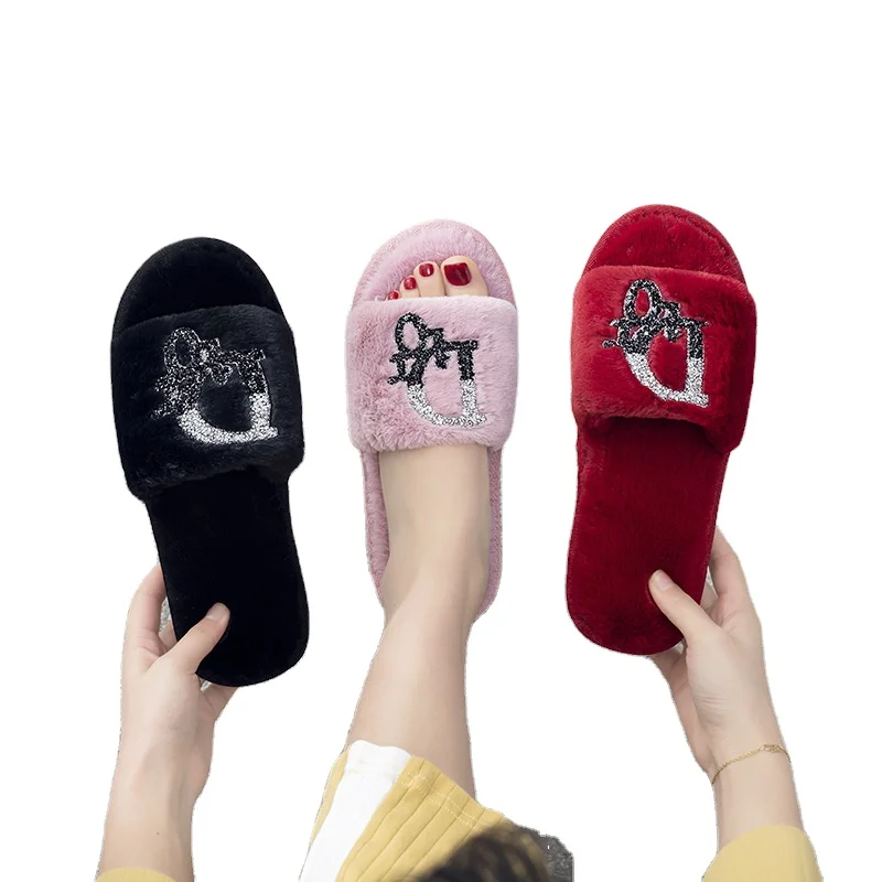 

2021 new home rhinestone fashion cotton slippers for women cozy fluffy slippers, Customized color