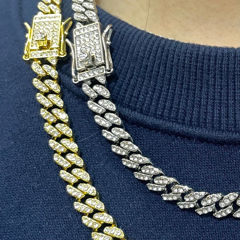 

New 8mm Mens Hip Hop Jewelry 14K 18K White Gold Plated Cuban Iced Crystal Choker Miami Cuban Link Prong Chain Necklace