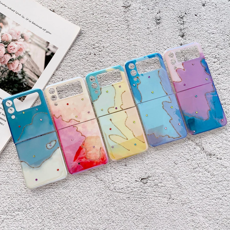 

Fashion Blu Ray Diamond Glitter Fold Design Phone Case For Samsung Z Flip 3 Z Fold 3 Colorful PC Shockproof Protective Case