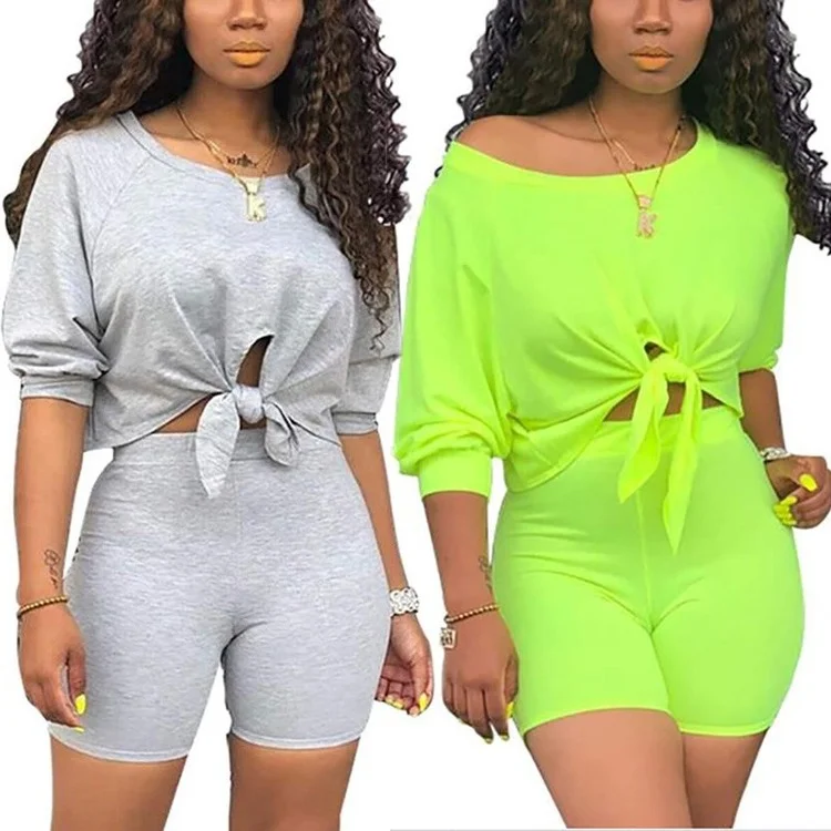 

2 Pieces Suit Tracksuit Clothes Set Female Solid Color Short Sleeve Tops Long Skinny Shorts Sets Sportswear for Summer Female