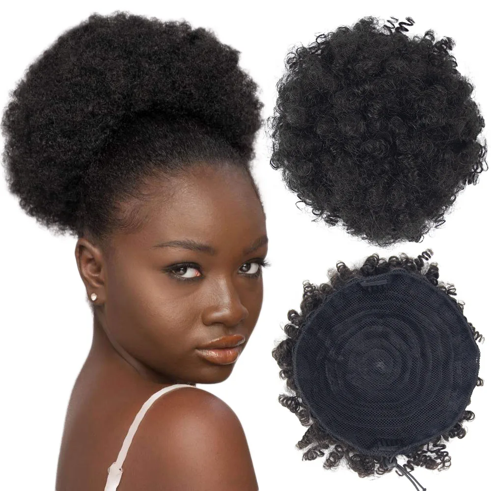 

Cheap Price Short Afro Puff Curly Human Hair Drawstring Ponytail Hair Puff Chignon with Combs,100% Human Hair Bun Afro Puffs, Natural color