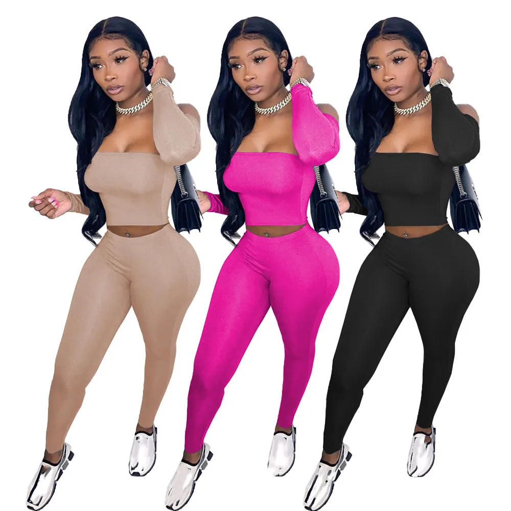 

Women Clothing 2021 Fall Clothes Custom logo Fashion solid color Strapless Two Piece Set casual outfit for Women, Picture color