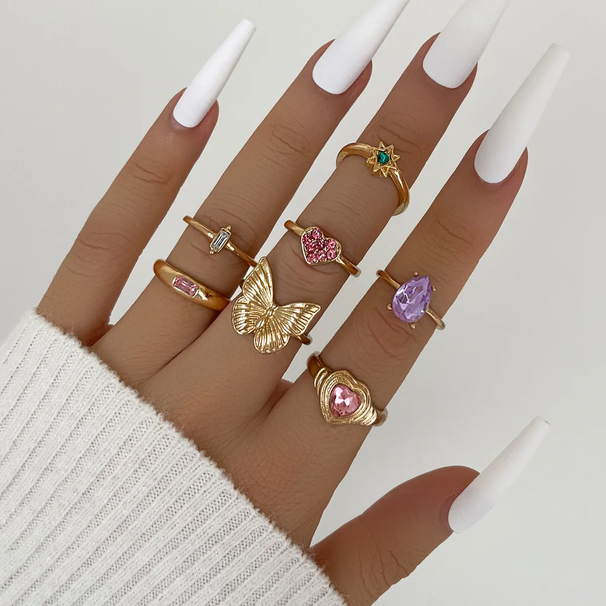 

Fashion Hot Selling Butterfly Pink Heart Inlaid Diamond Six Point Star Ring Set Jewelry For Women