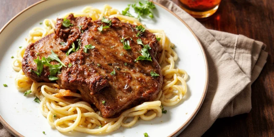Beautifully plated balsamic pork chops with colorful sides