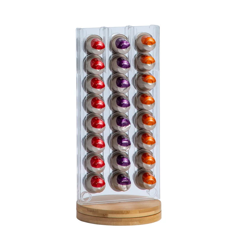 

Sturdy and stable acrylic coffee pod capsules stand rotating bamboo nespresso coffee capsule holder