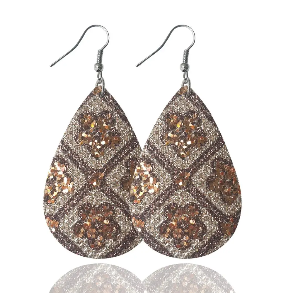 

New Design Delicate Brown Teardrop Glitter Sequin Flower PU Leather Drop Dangle Earrings