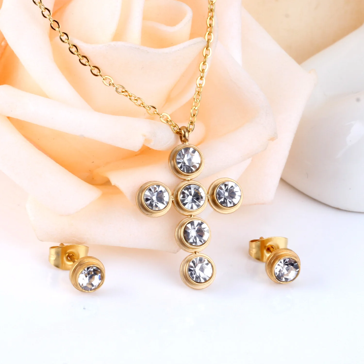 

Stainless Steel Cross Jewelry Set Women Jewelry Set Rhinestone Necklace Jewelry Type