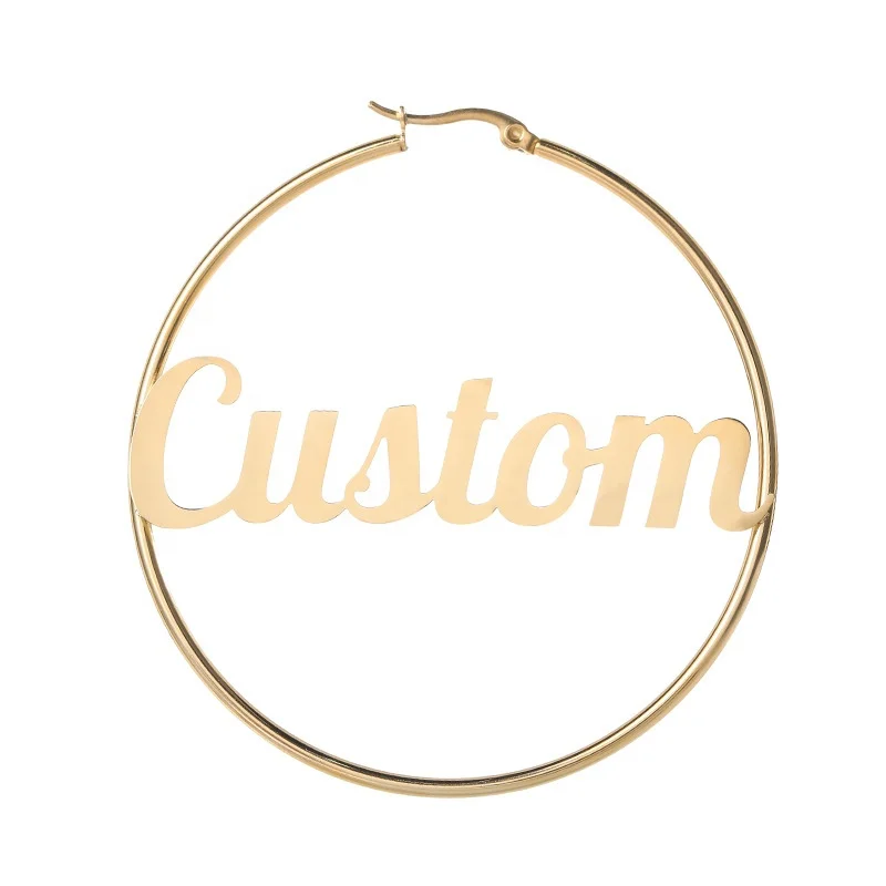 

Best Gift Customizable Stainless Steel 14K Gold Plated Hoop Name Plate Earrings Silver 18K Gold, Silver, custom color is available