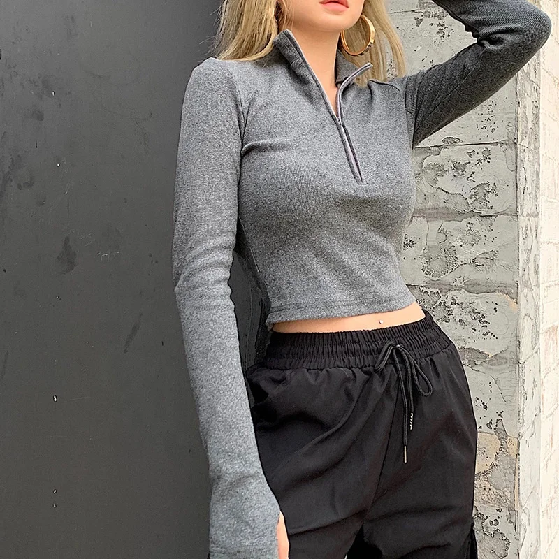 

B24166A Women's new fashion slim short zipper Top long sleeve T-shirt casual blouse, Black, green, gray