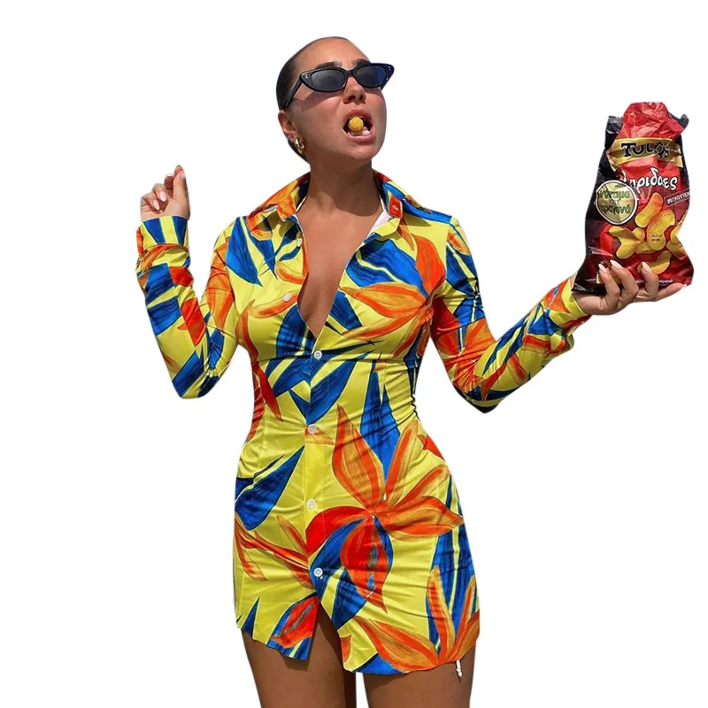 

2021 new arrivals floral print patchwork shirt dress women long sleeve loose dress causal style