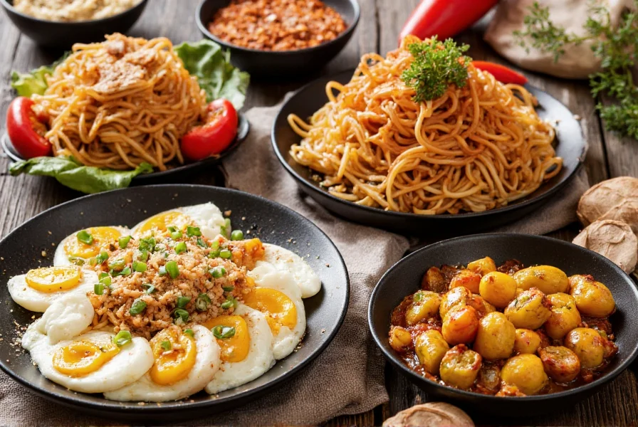 Various dishes enhanced with chili crisp including noodles, eggs, and roasted vegetables