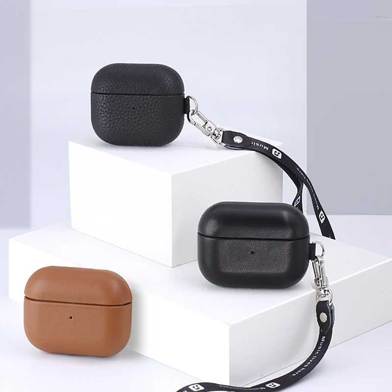 

New Design Business Luxury Protective Portable Shockproof Pebble Napa Genuine Leather Case For Airpods 3