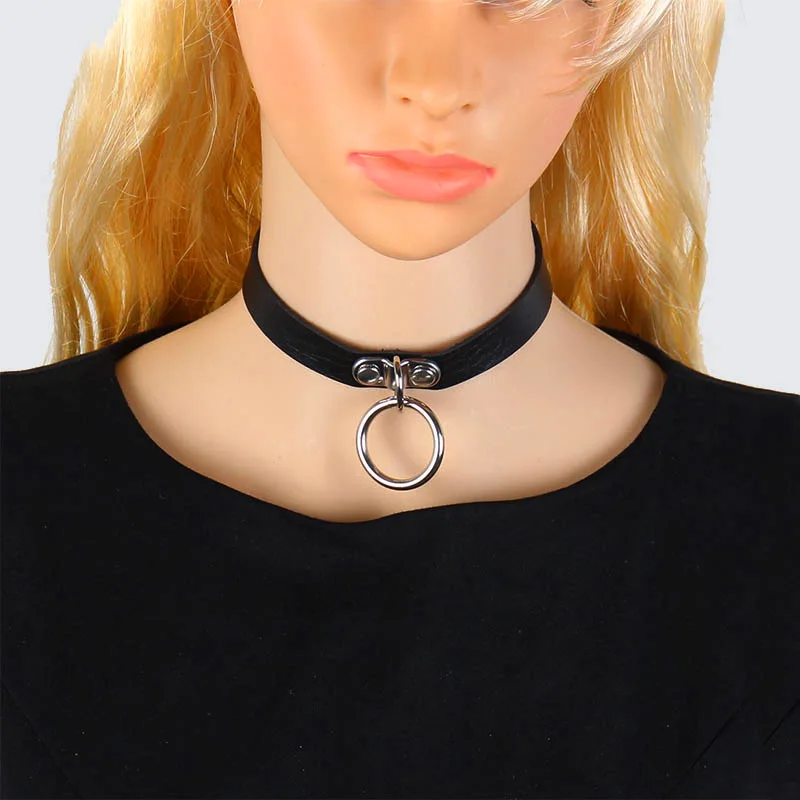 

2020 March Expo New Gothic Punk Snap Button Faux Leather Choker Necklace O-ring Punk Rock Leather Necklace, Picture