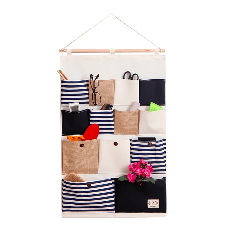 

High Quality Waterproof Stripe Pattern Cotton Linen Hanging Storage Bag 13 Pocket Wall Hanging Wardrobe Hanging Wall Bag Makeup