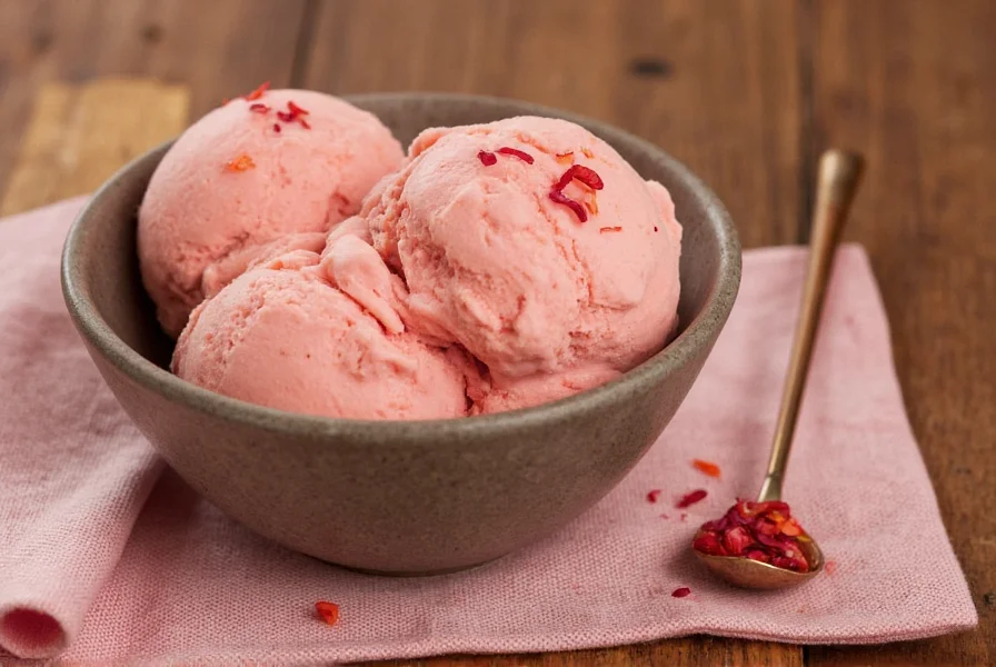 Close-up of golden saffron ice cream with visible saffron threads in a traditional Persian dish
