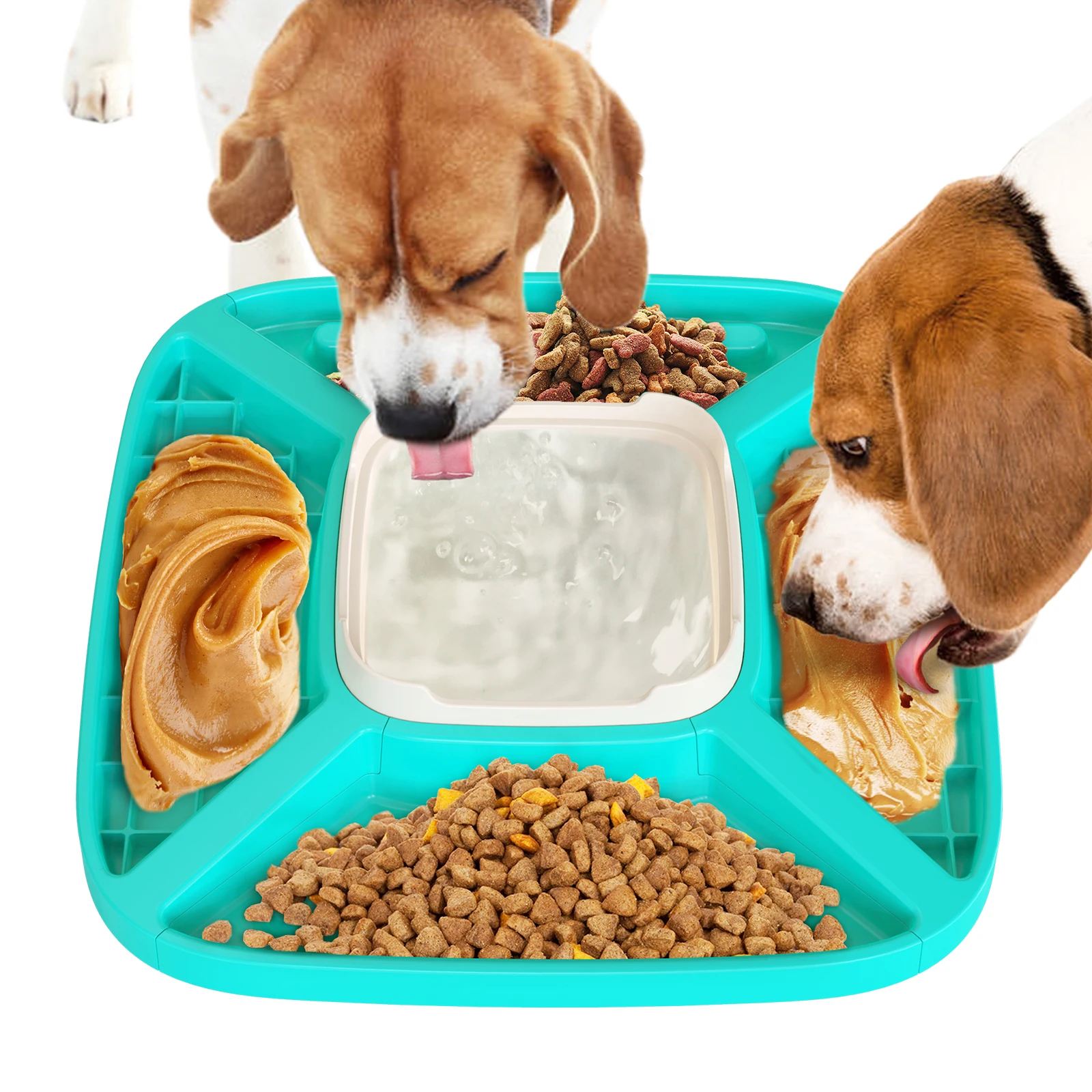 

Amazon Hot selling 5 in 1 Food Grade BPA free ABS Pet Dog Water Bowl Dog Slow Feeder Lick Mat, Picture shows