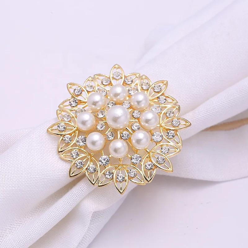 

Faux Pearl Buckle Ring For Hotel Wedding Dinner Round Flower Rhinestone Napkin Ring, Gold & silver