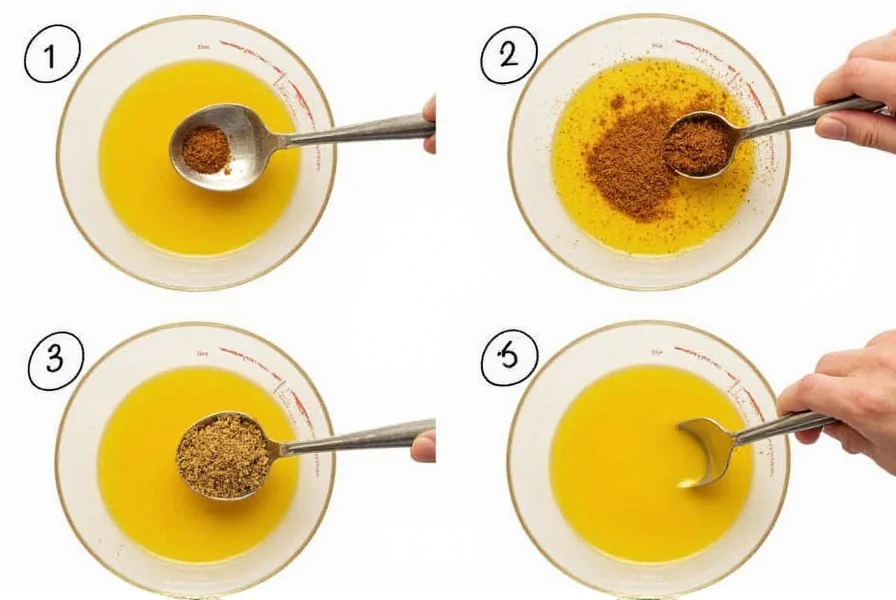 Step-by-step illustration showing proper technique for tempering asafoetida in hot oil with measurements