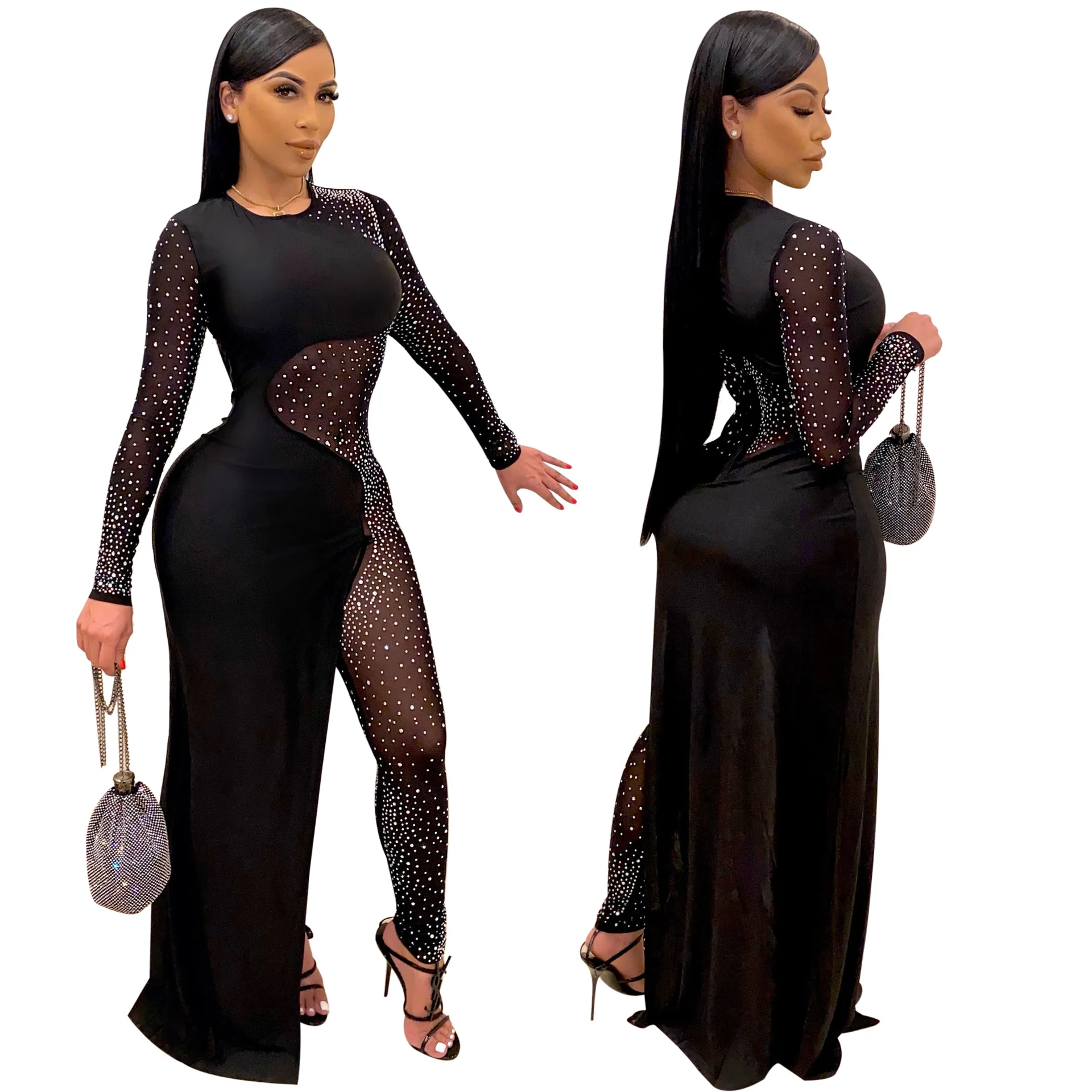 

Custom Women Party Jumpsuits Transparent Mesh Sequined Fit Body Design Sexy Club Jumpsuits Full Length Elegant Women Clothing, Picture color