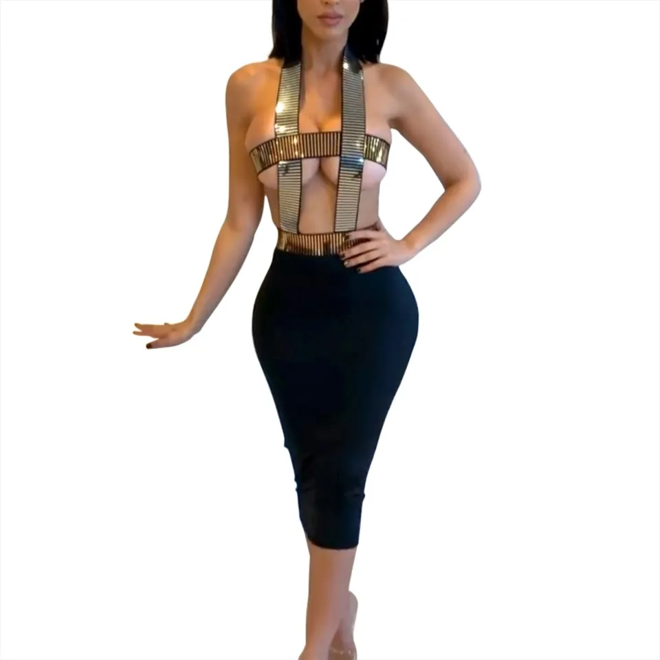 

Women gold silk chest cross sexy dress, Black
