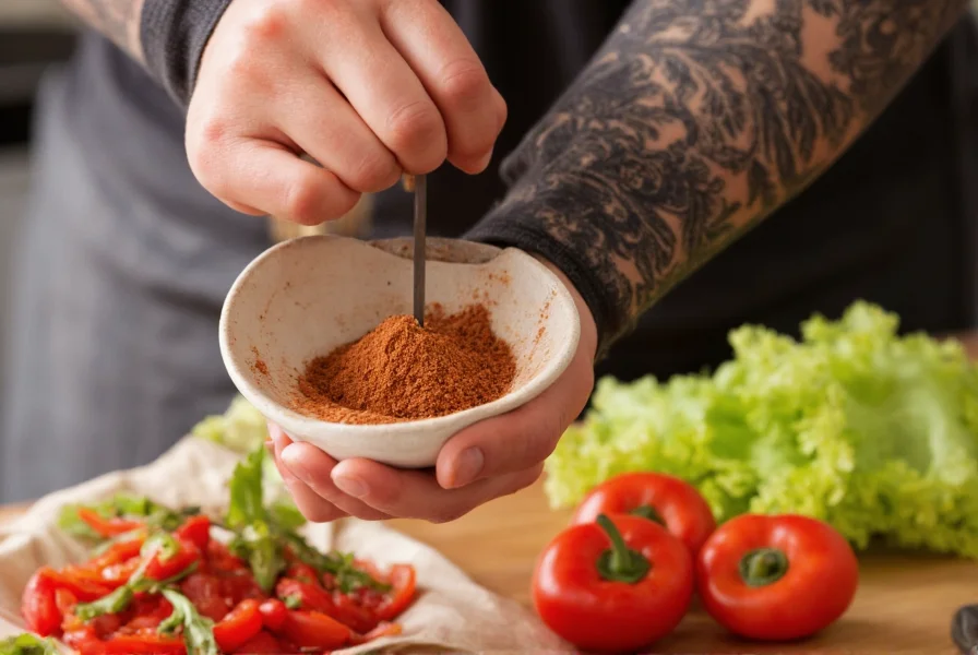 Person carefully measuring chili powder into a healthy meal preparation