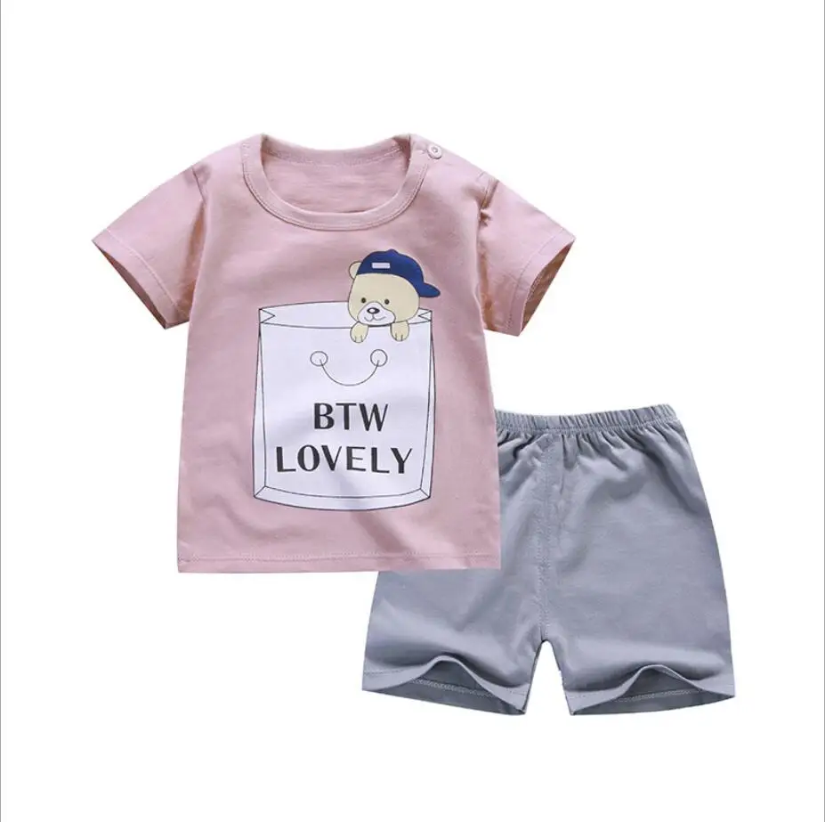 

0-7 T Cute Baby Shirts Kids Boys Girls Clothing Cartoon Cotton Short Sleeve T-shirt+Shorts Suit 2pcs/set