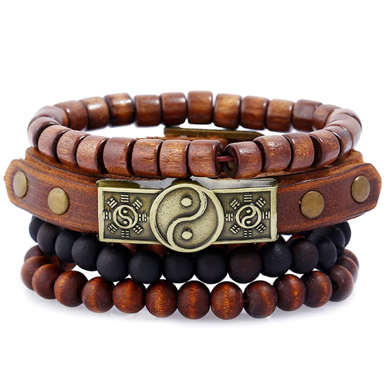 

Dropshipping Ethnic Leather Jewelry For Men Chinese Style Yin Yang Charm Leather Cuff Bracelet With Wooden Beads Set Bracelet