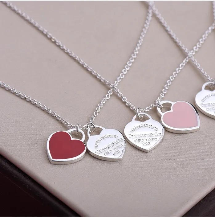 

Wholesale 925 Sterling Silver Jewelry Double Heart Charm TIFF Style Pendant Enamel Love Necklace Fashion Jewelry 2021