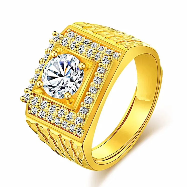 

Brass Gold Plated Diamond Ring Micro Inlaid Gem Ring Exquisite Craftsmanship Imitation Gold Men's Jewelry