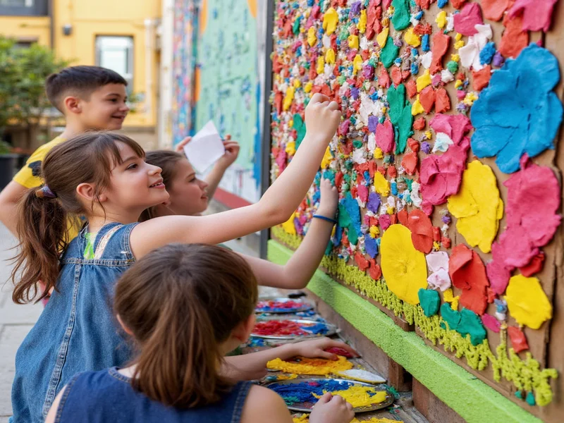 Students creating mural with recycled craft materials