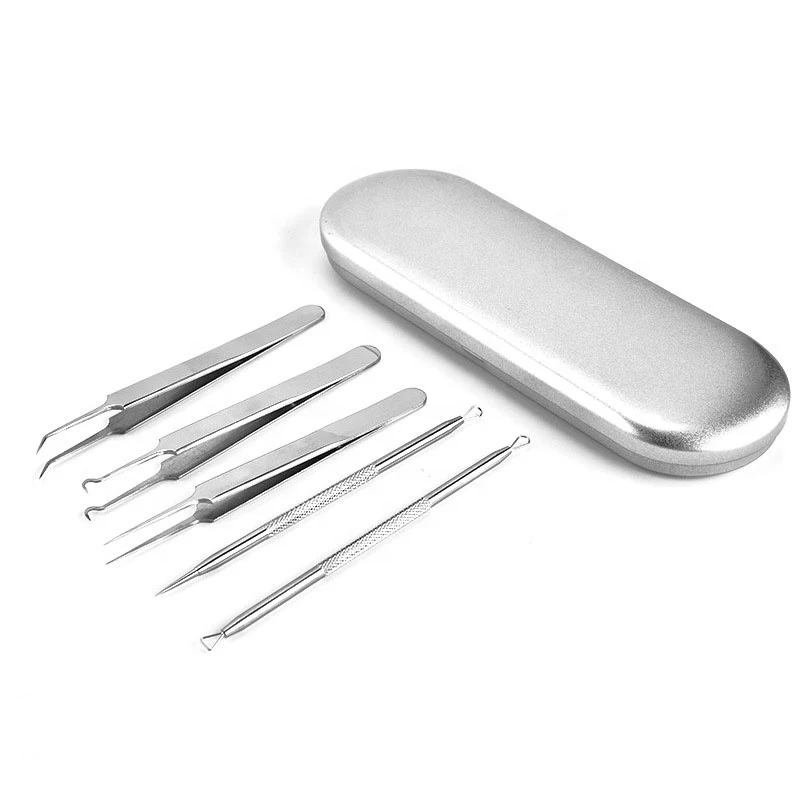 

5 Pcs Free Samples Stainless Steel Pimple Acne Blemish Removal Tools Set With Metal Case, Silver