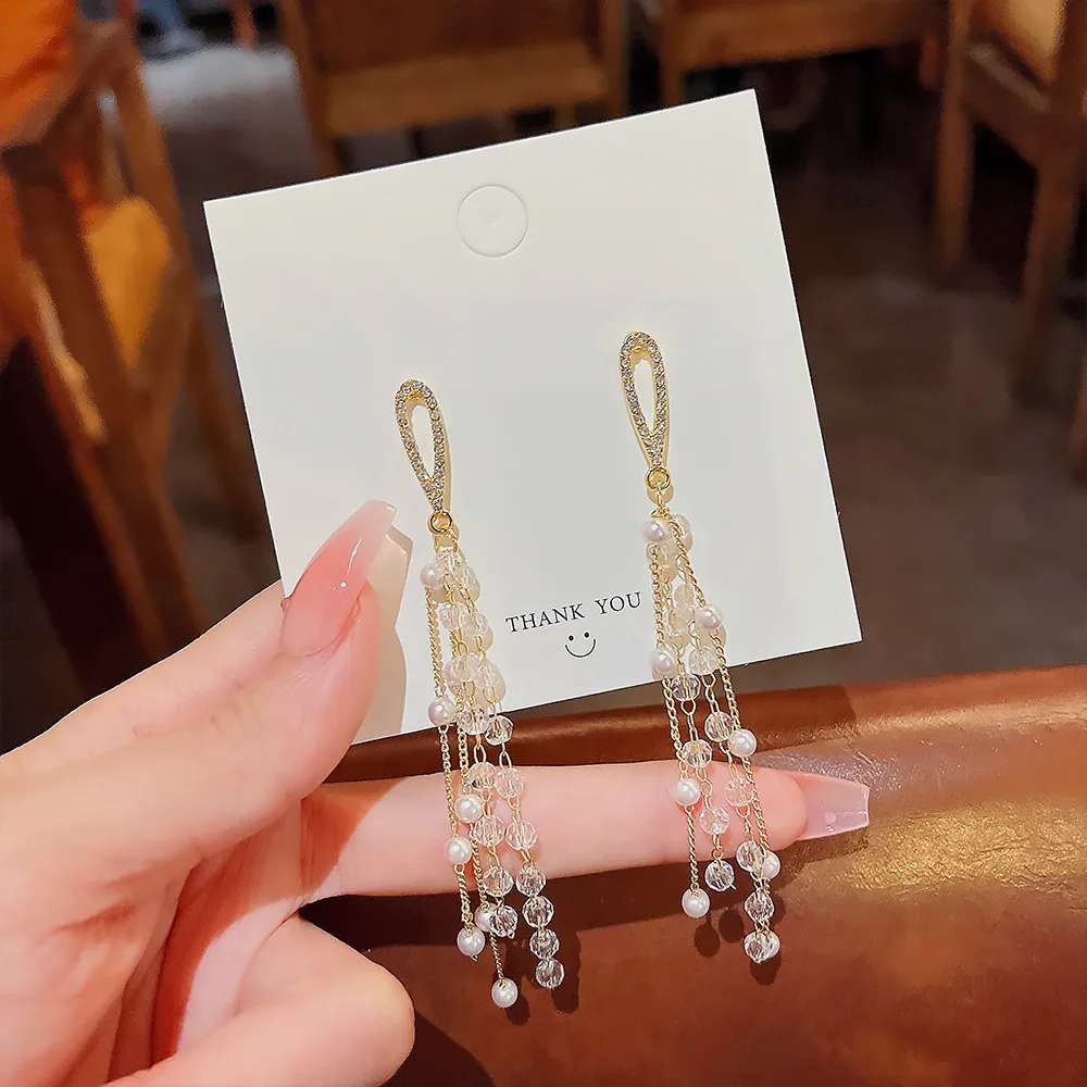 GT Small Pearl Cute 925 Silver Stud Earrings Tassel Crystal Drop Earrings for Women Luxury