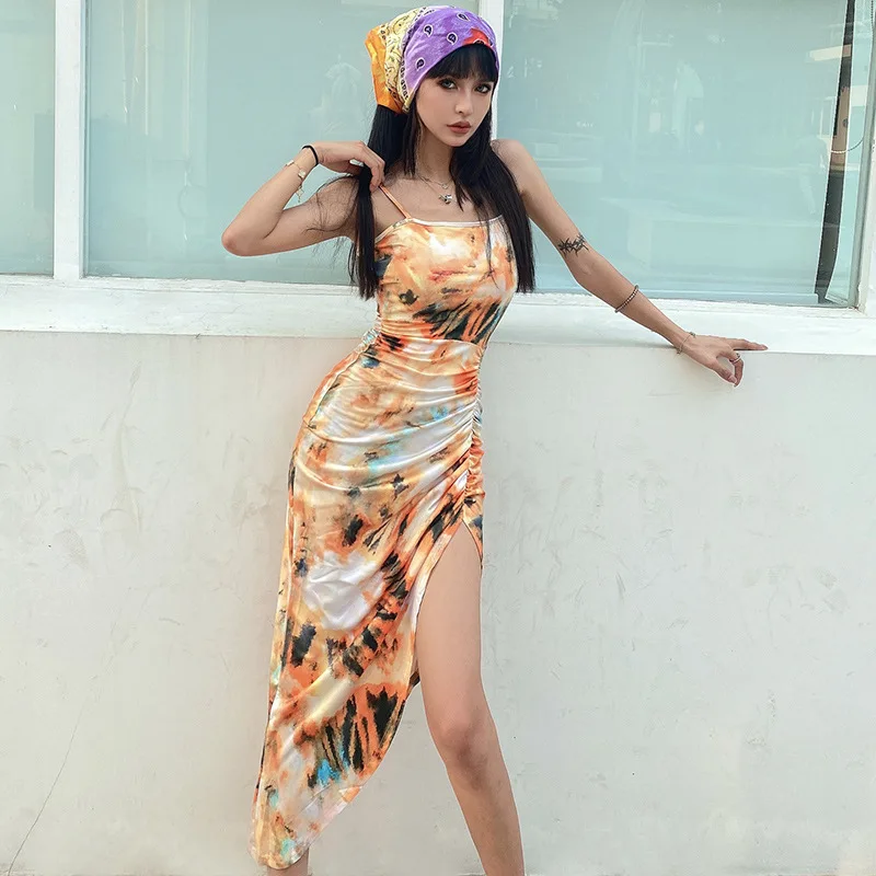 

Fashion Print Ruffle Sexy Drawstring Maxi Split Bohemian Sleeveless Dress