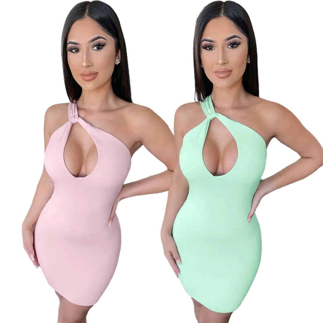 

2021 Womens clothing solid color one shoulder halterneck package hip dress casual mini dress