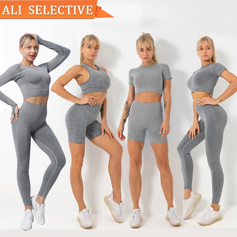 

YS2001 Seamless Yoga Suit 5 Piece Sports Shirts Crop Top Leggings Gym Clothes Fitness Tracksuit Workout Set, As show