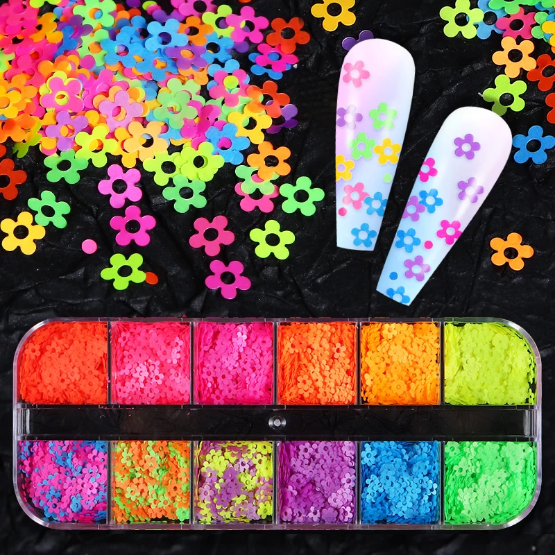 

12 Grids Fluorescent Flower Nail Art Sequins Colorful Plum Blossom Glitter Flakes Gel Polish Decoration Spring Manicure Supplies, Picture