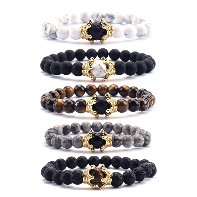 

2020 fashion Jewelry White stone crown bracelet volcanic lava stone bracelet men natural stone bracelet for men women