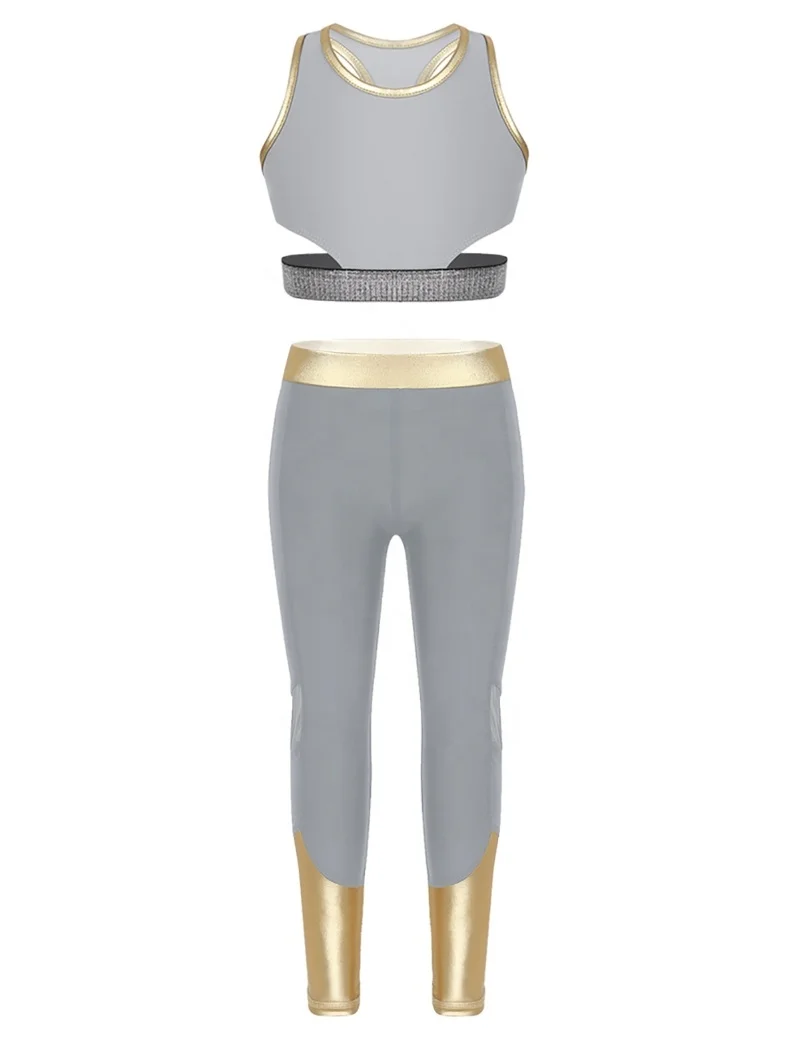 

Kids Girls Sleeveless Racer Back Stretchy Tanks Tops with Leggings Long Pants for Ballet Dance Stage Performance Workout