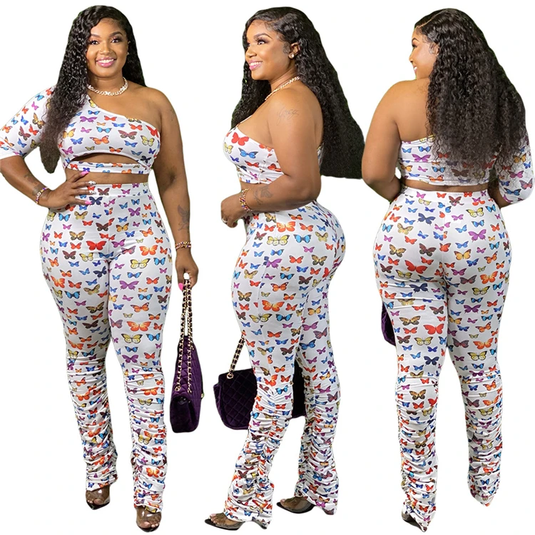 

H1521-trendy long sleeve butterfly tops with stacked pants 2 piece sets women fall clothing, Picture